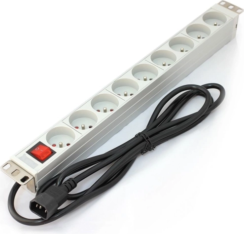 PDU letev za 19" rack, 9× vtičnica tip E, 2 m kabel C14, 10 A, stikalo, aluminijasta