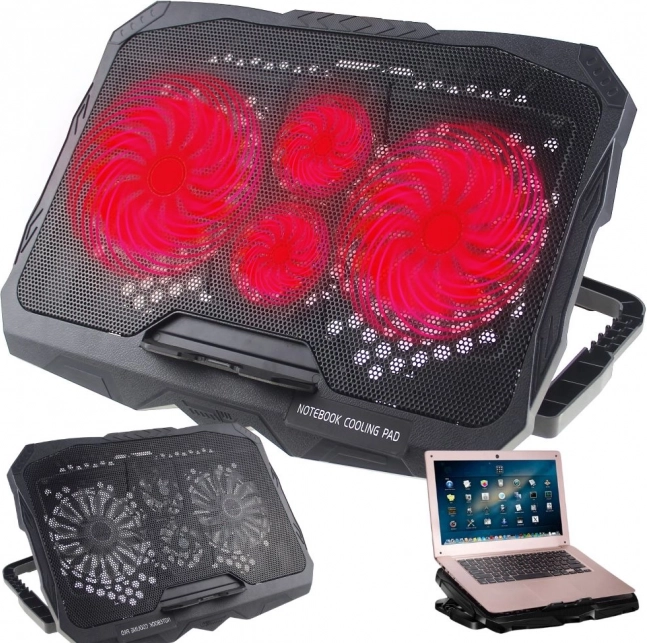 Hladilna podloga za prenosnik z LED, 4 ventilatorji in USB vozliščem, nastavljiv naklon (10–17")