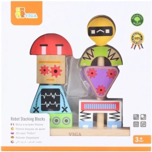 Lesena sestavljanka piramida ROBOTI s kartami vzorcev, 8 delov – VIGA