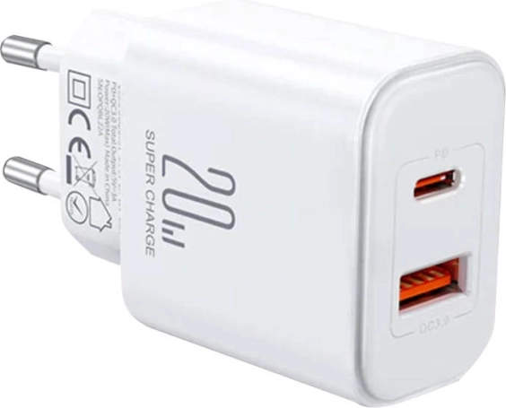 Omrežni polnilec JOYROOM 20 W z USB‑C in USB‑A (bel, EU)
