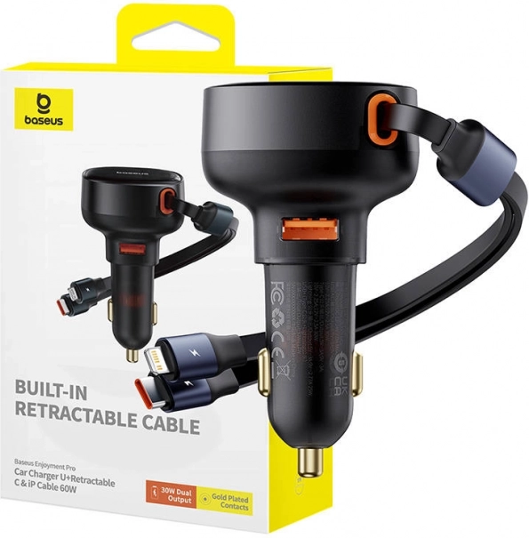 avtomobilski polnilec BASEUS Enjoyment 60 W z USB, USB‑C in Lightning, črna