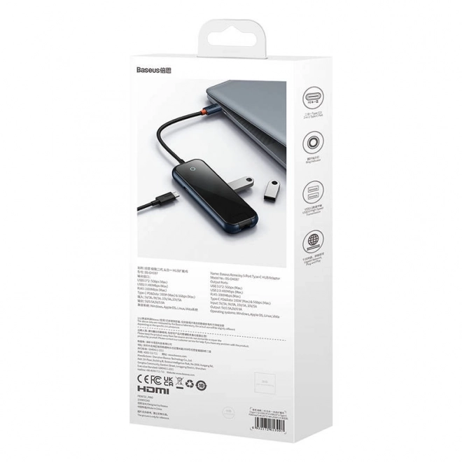 Baseus AcmeJoy 5v1 USB-C Hub z 2x USB 3.0, USB 2.0, USB-C PD in RJ45