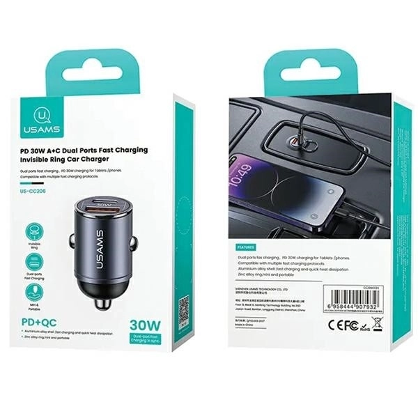 Avtopolnilec 30W 1xUSB+1xUSB-C Hitro polnjenje