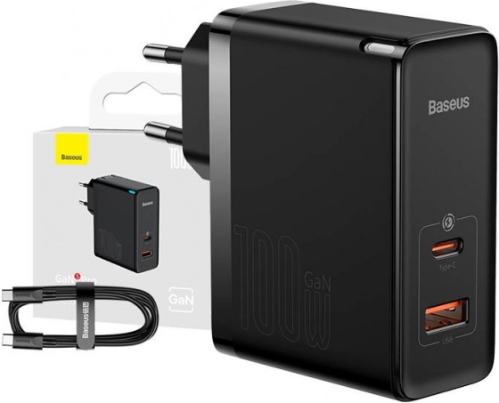 Baseus GaN hitri polnilec USB-C + USB, 100W črna