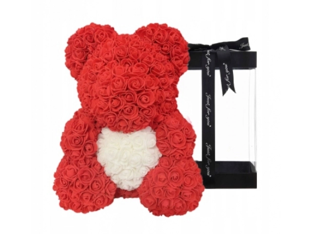 Valentinov rdeč medvedek s srcem iz vrtnic - 40 cm
