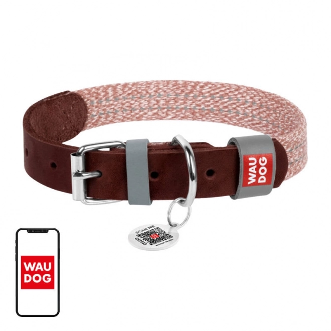 Ovratnica za pse iz naravnega usnja in recikliranega materiala s QR kodo Waudog velikost S, širina 15 mm, rjava