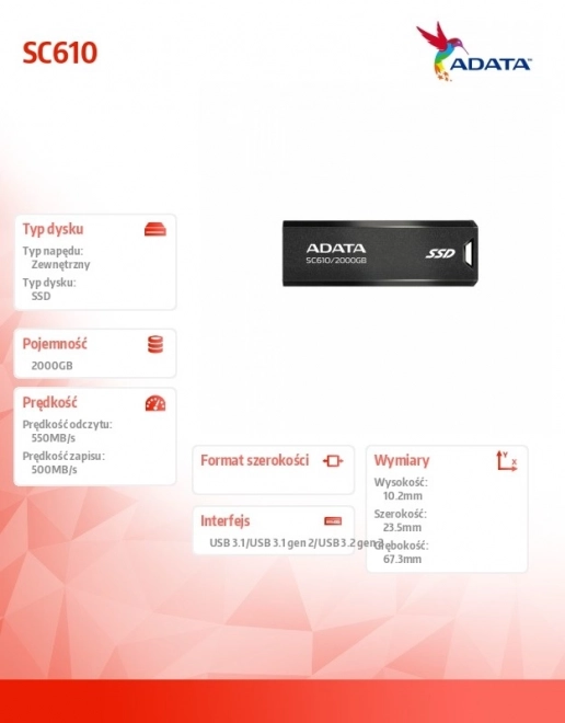 Zunanji SSD disk ADATA SC610 2000 GB USB 3.2 Gen2 črn