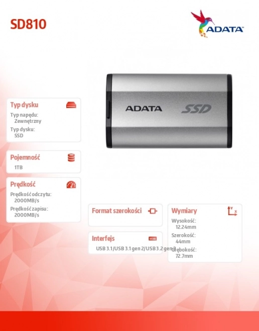 Zunanji SSD disk ADATA SD810 1TB USB 3.2C 20Gb/s srebrn