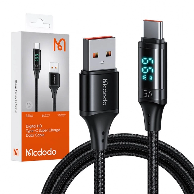 Mcdodo CA-1080 USB na USB-C kabel z zaslonom, 66W, 6A, 1,2 m (črn)