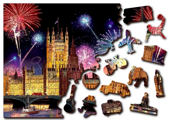 Lesena sestavljanka Londona ponoči z ognjemetom