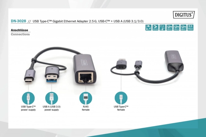 Digitus USB-C na USB-A adapter na RJ45 2.5 Gigabit Ethernet