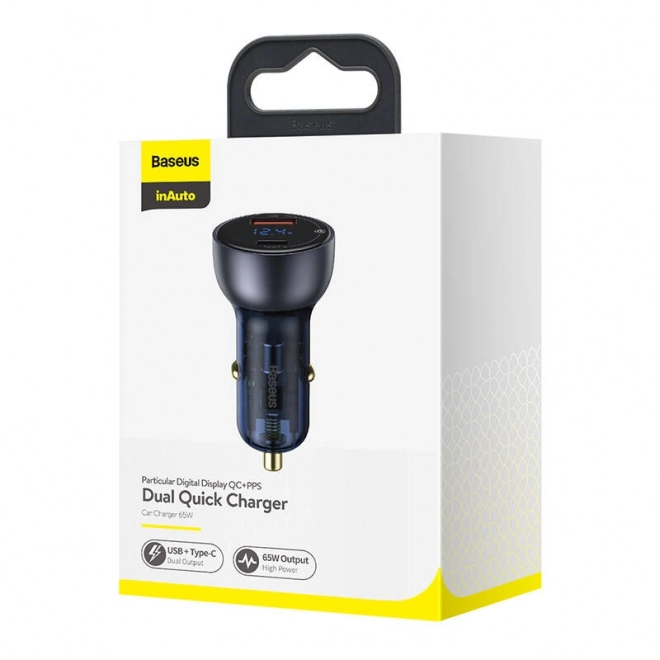 Baseus dvojni polnilec za avto z digitalnim zaslonom, USB in USB-C, hitro polnjenje 65W