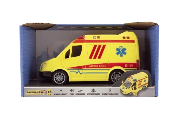 Avto reševalno vozilo plast 20cm na vztrajnik na baterije z zvokom in svetlobo v škatli 26x15x12cm