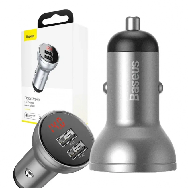 Baseus avtomobilski polnilec z 2 USB vrati in LED zaslonom