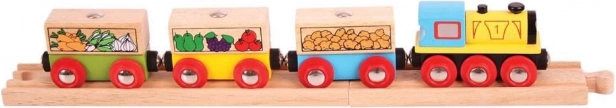 Bigjigs Rail tovorni vlak z zelenjavo in tiri
