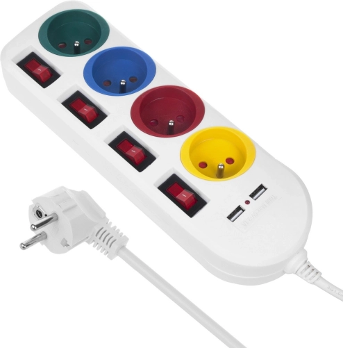 Razdelilec s posameznimi stikali in 4 vtičnicami + 2x USB Maclean Energy bel