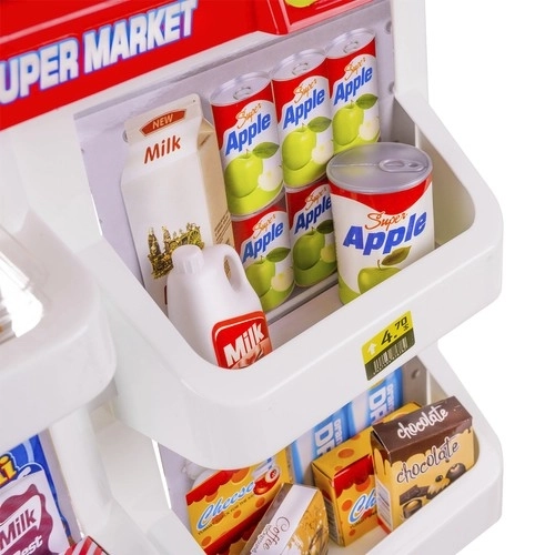 Supermarket s blagajno, nakupovalnim vozičkom in dodatki