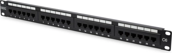Patch panel 19" 24 vrat, kategorija 6, U/UTP, 1U s podporo kablov, črn