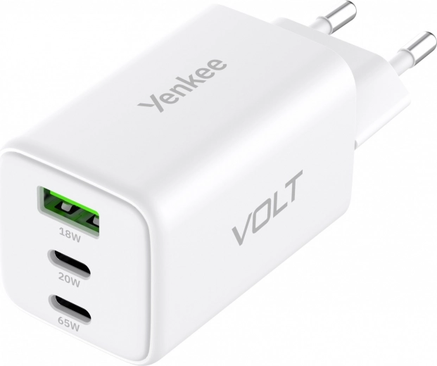 Omrežni polnilec VOLT 65 W GaN, 3× USB (2× USB‑C + 1× USB‑A) s Power Delivery 3.0 in QC 4.0