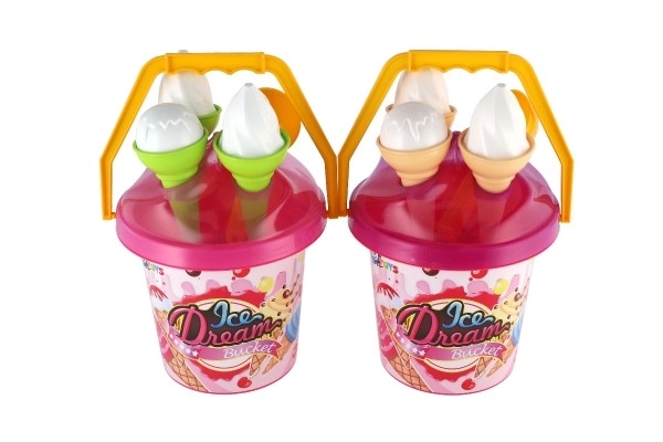 Komplet za pesek plast vedro + modelčki sladoled 2 barvi v mreži 18x28x17cm 12m+