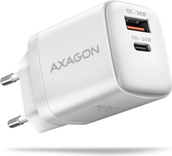 Omrežni polnilec AXAGON 30W PD & QC z USB‑C in USB‑A bel