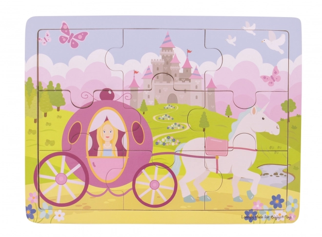 Bigjigs Igrače Lesena sestavljanka princesa z vozom