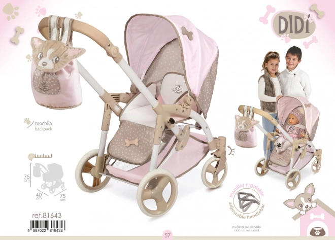 DeCuevas 81643 Zložljiv voziček za punčke 3 v 1 s prenosno torbo DIDI 2021 - 75 cm