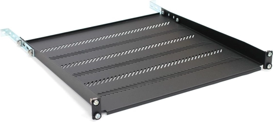 Polica za 19" rack 1U, 483 × 450 mm, črna, perforirana z nastavitvijo in podporo
