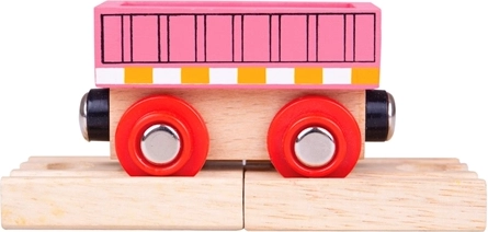 Rožnati vagon BIGJIGS RAIL z magnetnimi sklopkami in 2 lesenima tirnicama