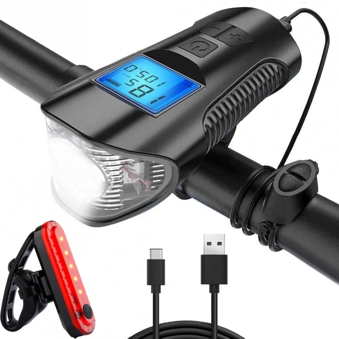Večnamenska kolesarska luč 3v1 z LED, števcem km in trobljo
