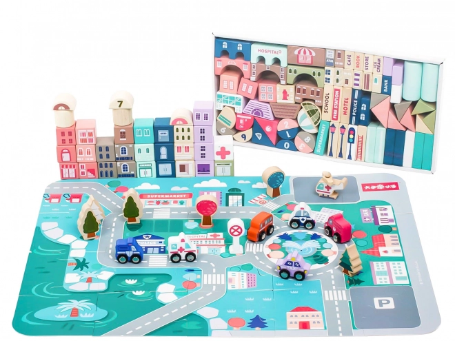 Lesene izobraževalne kocke mesto s podlogo 115 kos ECOTOYS