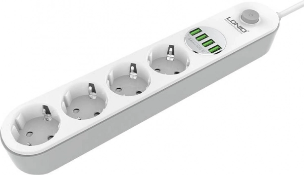Prenapetostna razdelilna letvica LDNIO s 4 vtičnicami in 4 USB, 2 m, bela