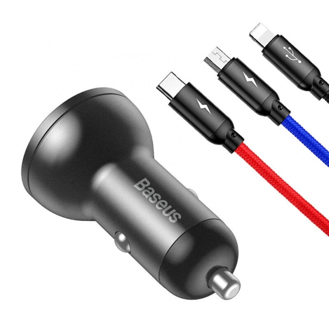 Baseus Polnilec za Avto z Zaslonom in USB 3v1 Kabli 24W