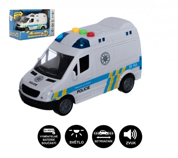 Avto policija kombi plastika 15cm na vztrajnik na baterije z zvokom in lučjo v škatli 19x13x9cm