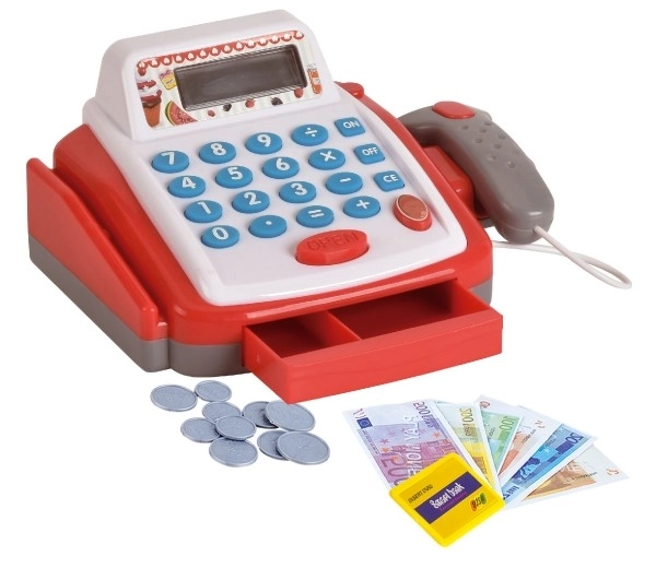 Majhna digitalna blagajna iz plastike 18cm z dodatki na baterije z zvokom in svetlobo v škatli 22x15x18cm