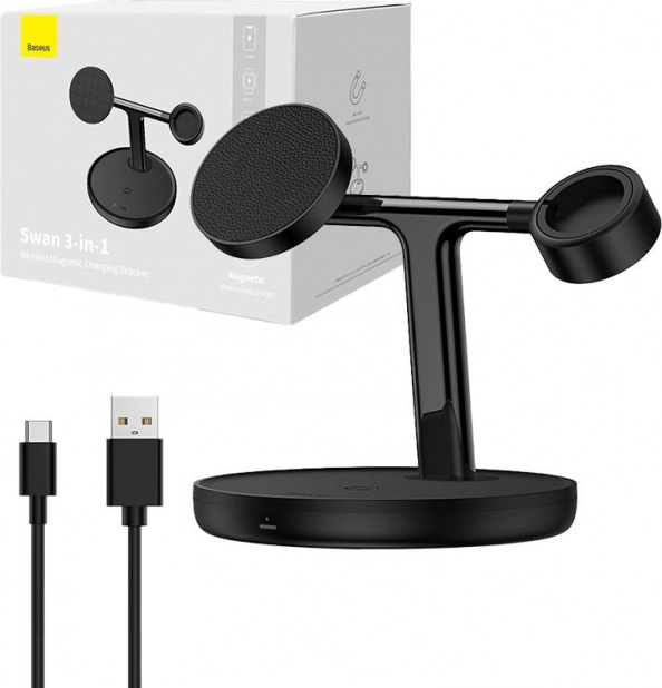 magnetno brezžično polnilno stojalo BASEUS Swan 3 v 1, 15 W MagSafe, črno