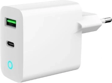 omrežni polnilnik USB‑A/USB‑C 20 W z LED, PD in QC 3.0, bel