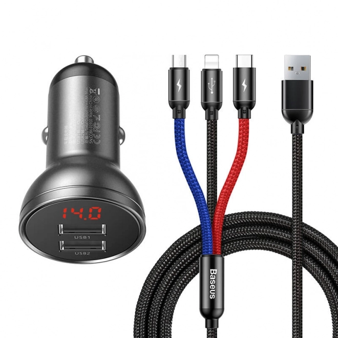Baseus Polnilec za Avto z Zaslonom in USB 3v1 Kabli 24W