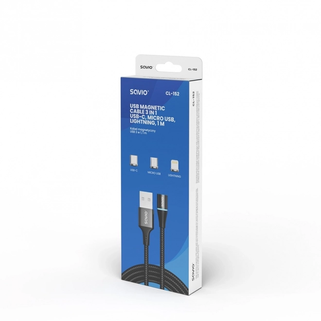 Magnetni USB kabel Savio 3v1 tip C, Micro in Lightning, črn, 1m