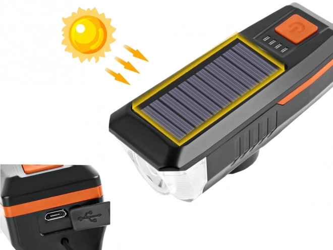 Sprednja LED luč za kolo s solarnim polnjenjem in hupo