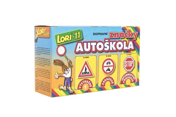 Gradbeni komplet LORI 11 Avtošola Prometni znaki 16 kos+2 stožca+avto plastika v škatli 22x13x6cm