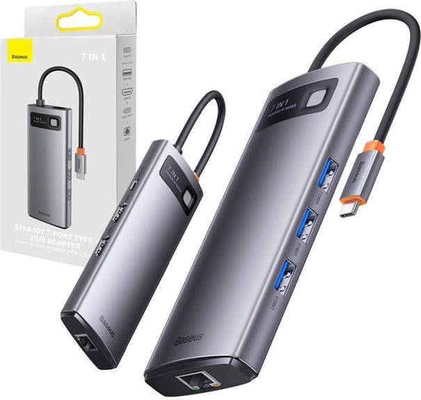 Baseus 7-v-1 USB‑C hub Metal Gleam (3× USB 3.0, HDMI, VGA, Ethernet RJ45, PD 100 W)