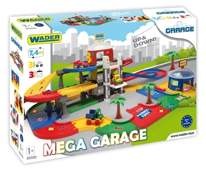 Mega garaža 3 nivô plastična 7,4m + 3 avtomobili v škatli 79x53x14cm Wader