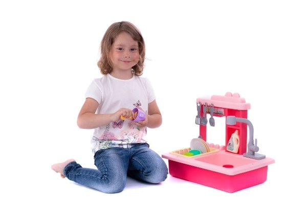 Roza umivalnik za pomivanje posode + plastična pipa na baterije z dodatki v škatli 46x28x12cm