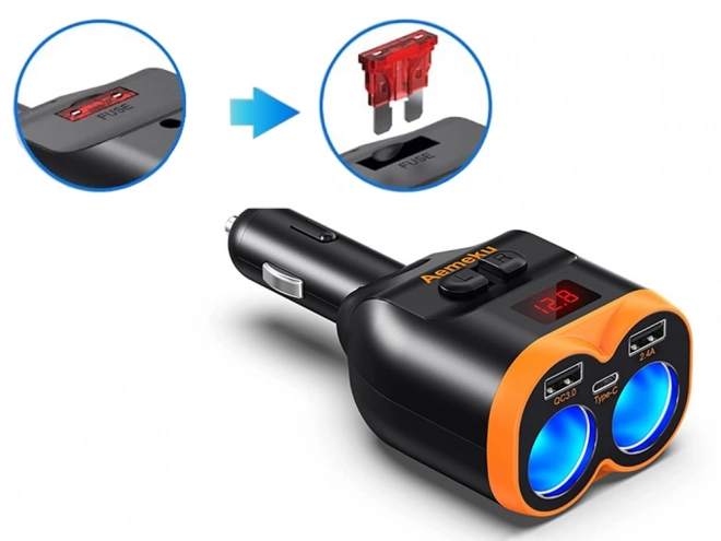 Razdelilec za vžigalnik z USB-A in USB-C QC 3.0 polnilcem