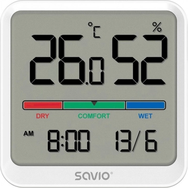 Digitalni termometer in higrometer SAVIO z LCD, uro in datumom, z magnetnim držalom – Bela