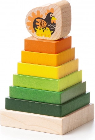 Lesena barvna piramida s kokoško CUBIKA – 8 delov