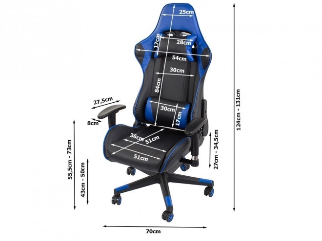 Ergonomski igralni stol z nastavljivimi 2D nasloni za roke modre barve