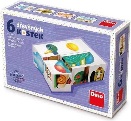 Lesene slikovne kocke za otroke – raca, pes, drevo (6 kock)