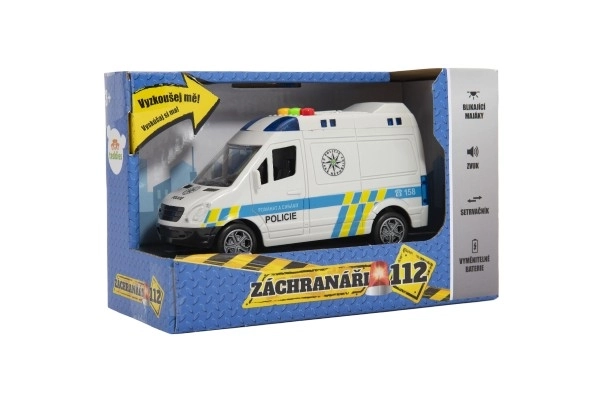 Avto policija kombi plastika 15cm na vztrajnik na baterije z zvokom in lučjo v škatli 19x13x9cm